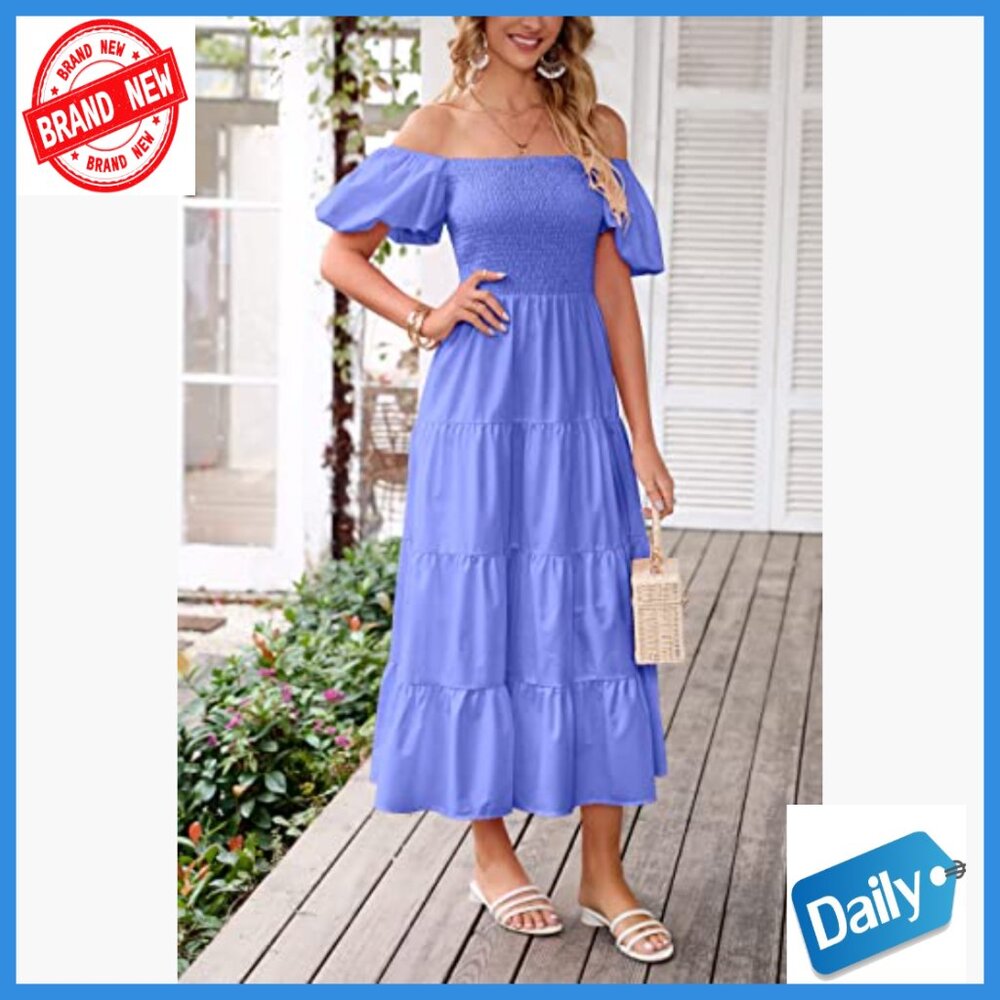 Puffy Sleeve Square Neck Smocked Midi Dress Tiered Ruffle Summer Casual - Picture 6 of 7